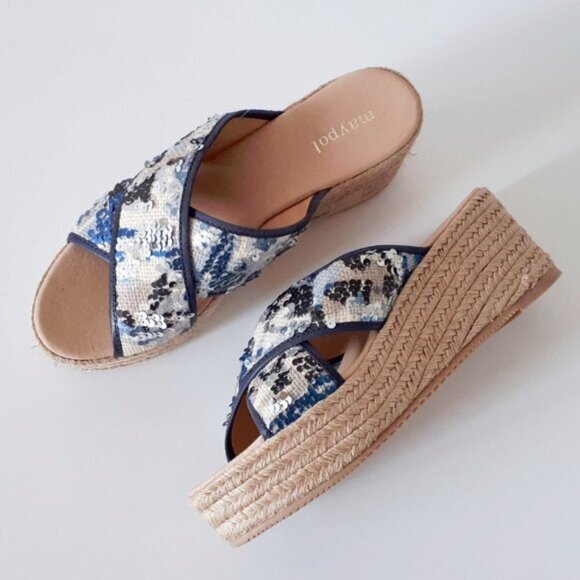 NWOT Maypol sequin & textile criss-cross strap espadrille platform wedge sandals - Picture 7 of 9